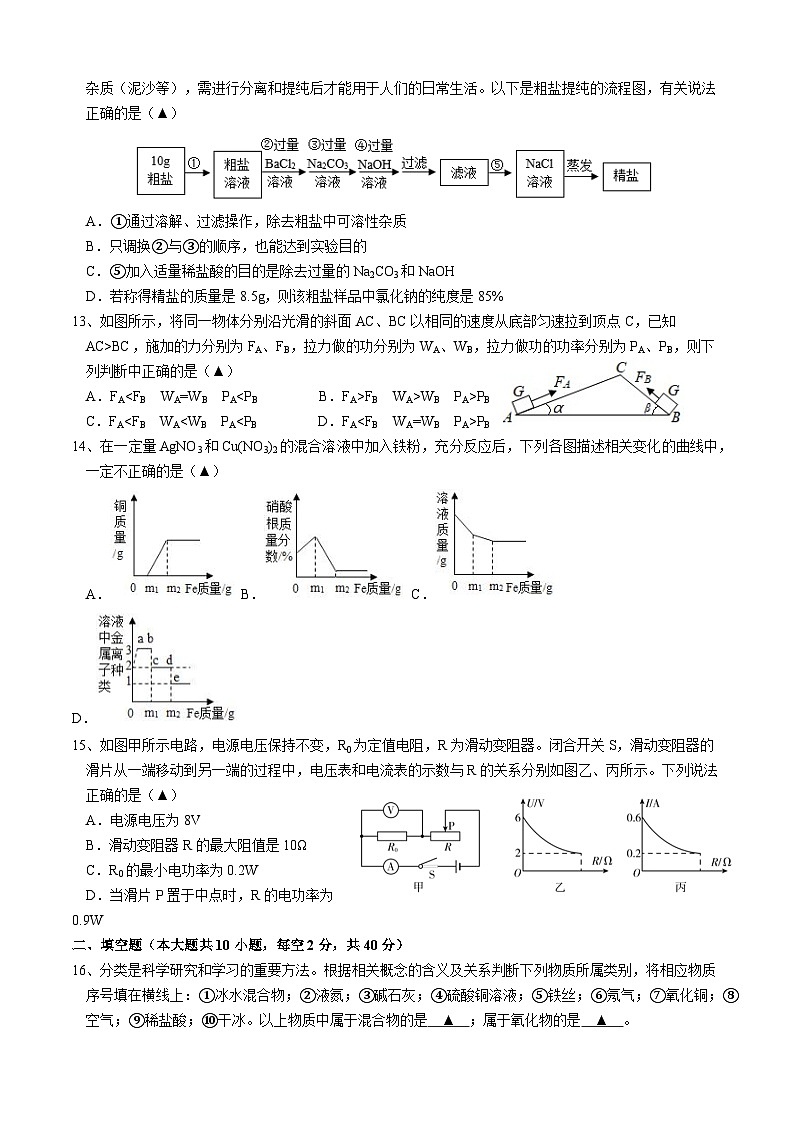 浙江省金华市义乌市五校联考2023-2024学年九年级上学期12月月考科学试卷03