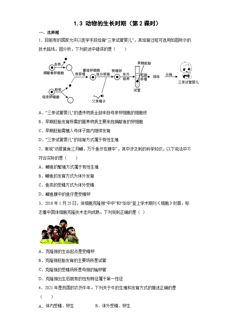 1.3 动物的生长时期 第2课时（练习）七年级科学下册同步备课（浙教版）第1页