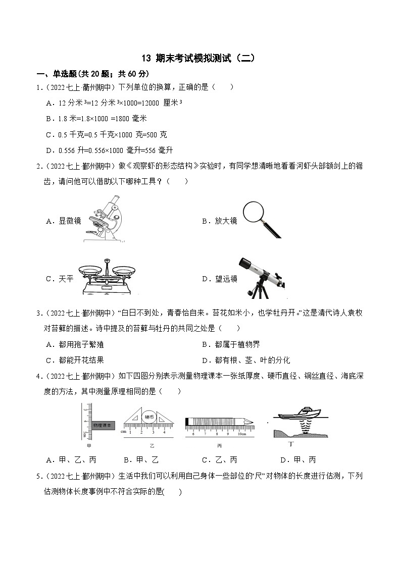 专题13 期末考试模拟测试（二）-2023-2024学年七年级科学上学期期末高效复习（浙教版）01