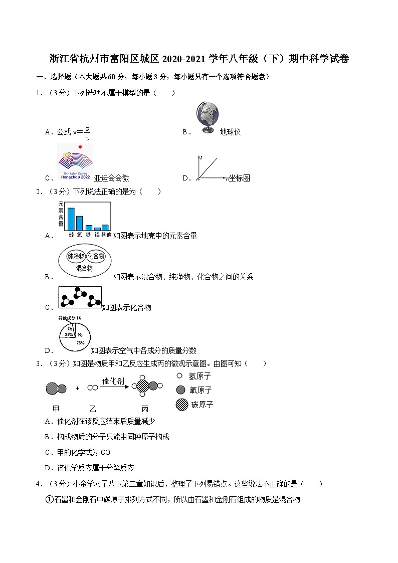 浙江省杭州市富阳区城区2020-2021学年八年级下学期期中科学试卷01