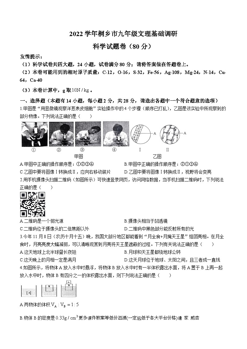 浙江省嘉兴市桐乡市2022--2023学年上学期12月九年级科学文理基础调研试卷01