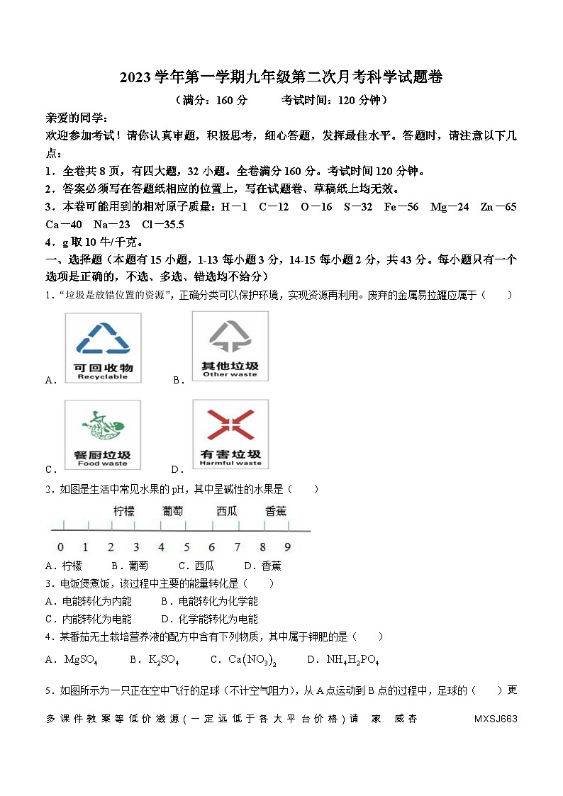 浙江省温州市第二中学2023-2024学年九年级上学期第二次月考科学试题01