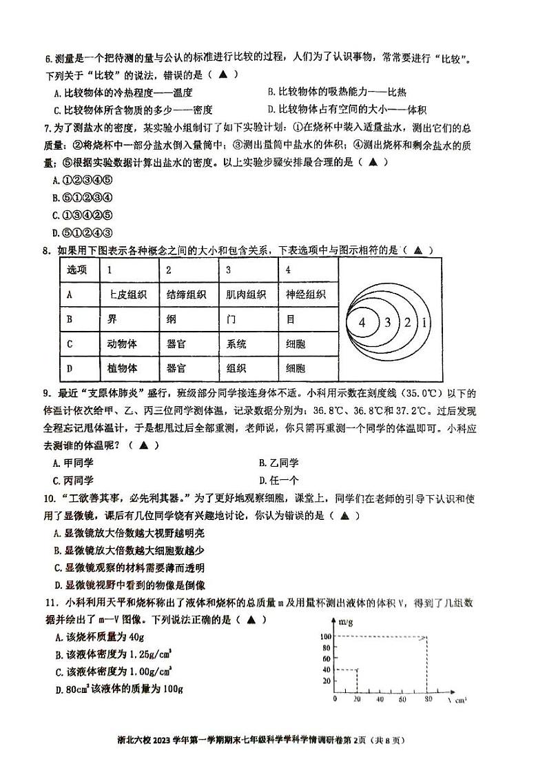 浙江省浙北六校2023-2024学年七年级第一学期期末模拟学情调研科学试题02
