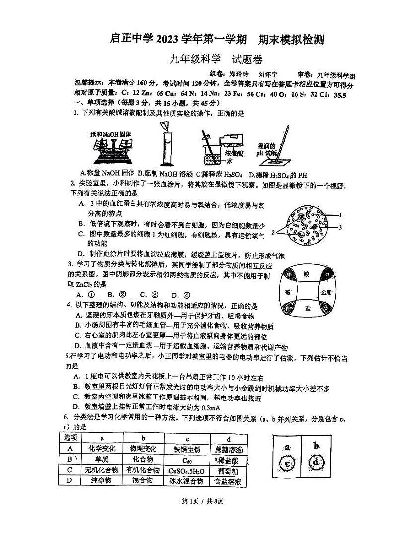 浙江省杭州启正中学2023-2024学年九年级上学期期末模拟检测科学试题01