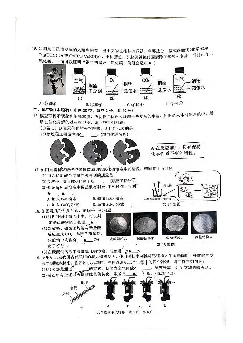 2023-2024学年浙江省温州市鹿城区九年级第一学期第二次学情检测科学试题卷03