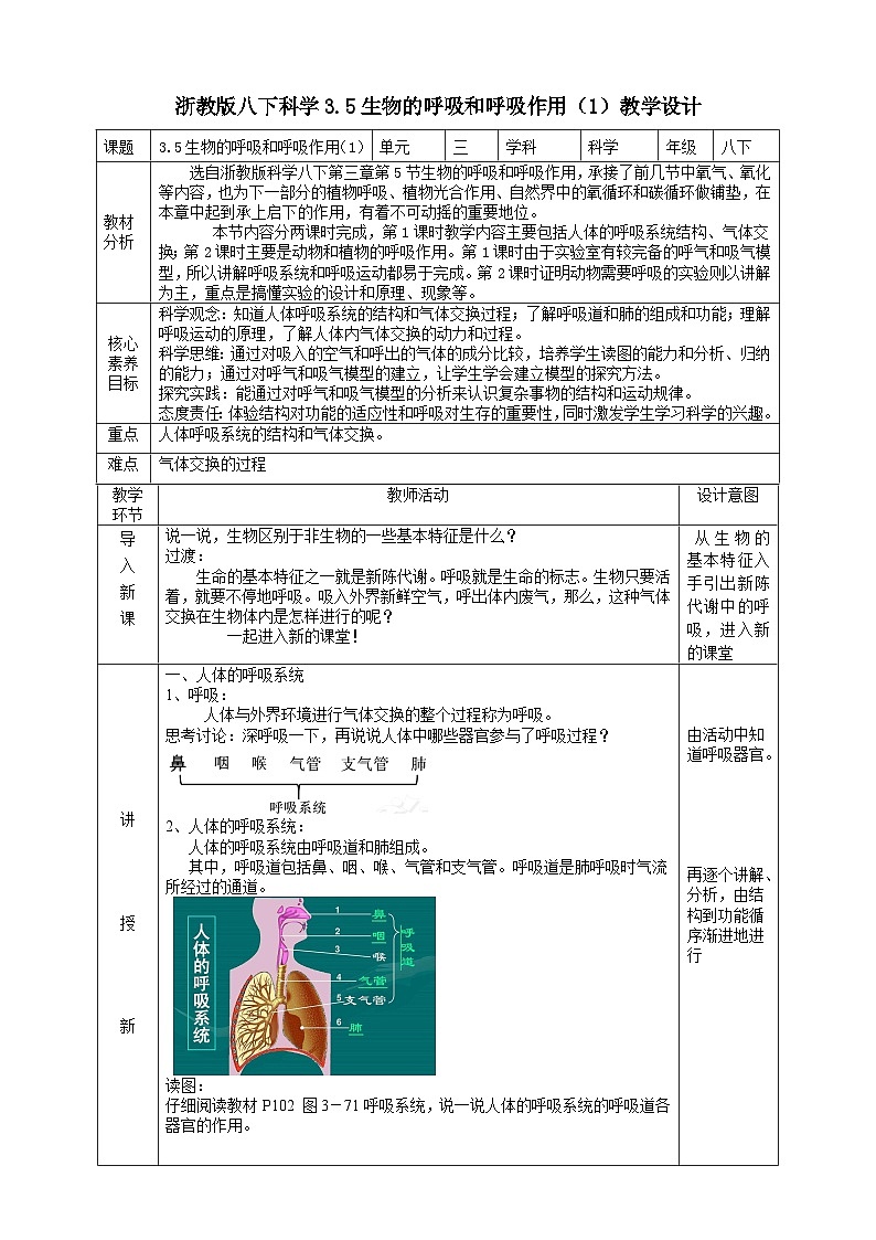 【浙教版】八下科学  3.5生物的呼吸和呼吸作用 第1课时（课件+教案+导学案+视频素材）01