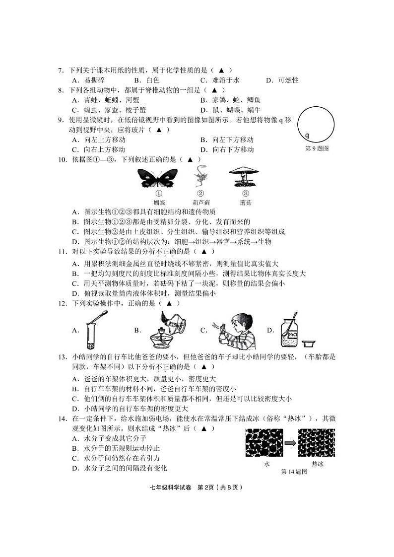 46，浙江省金华市武义县2023-2024学年七年级上学期期末检测科学试题02