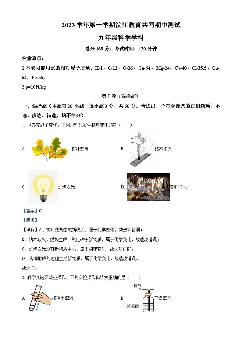 浙江省绍兴市浣江教育共同体2023-2024学年九年级上学期期中科学测试卷01