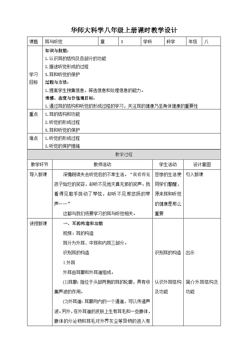 【华师大版】八下科学  3.2耳与听觉（课件+教案+导学案）01