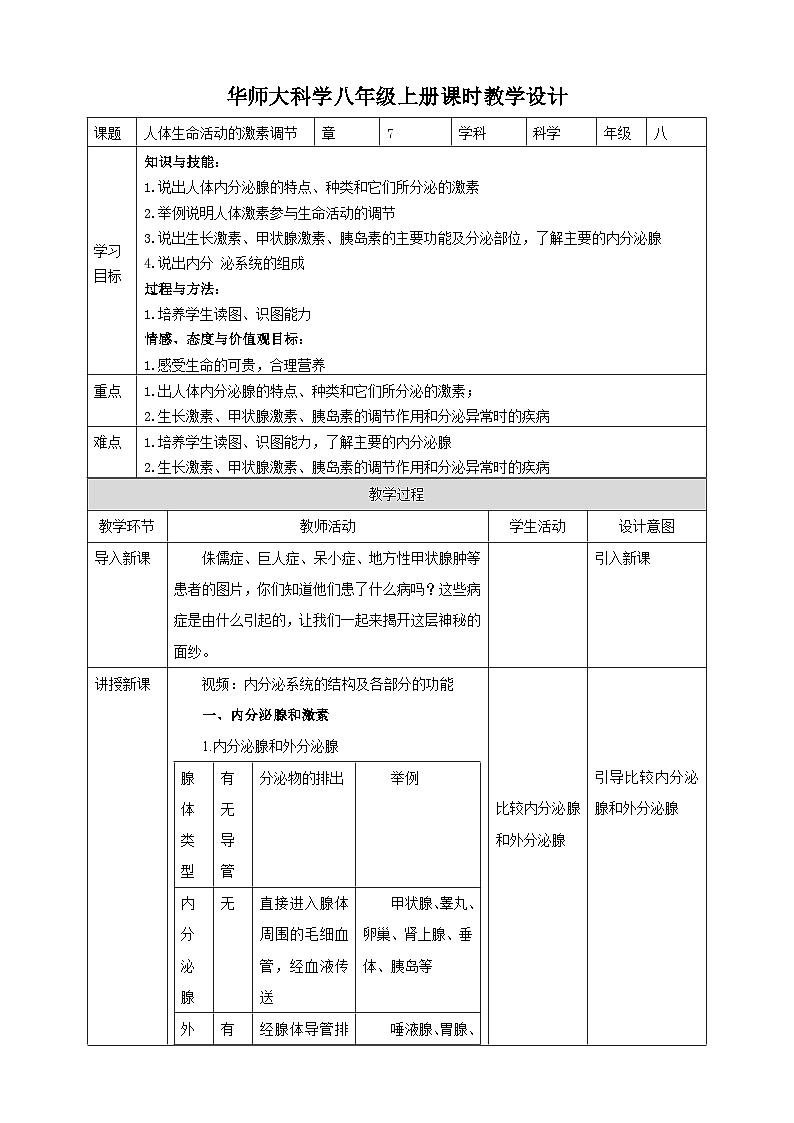 【华师大版】八下科学  7.3人体生命活动的激素调节（课件+教案+导学案）01