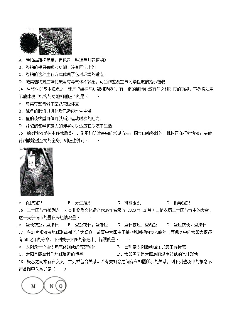 42，浙江省宁波市镇海区尚志中学2023-2024学年七年级上学期1月期末科学试题()03