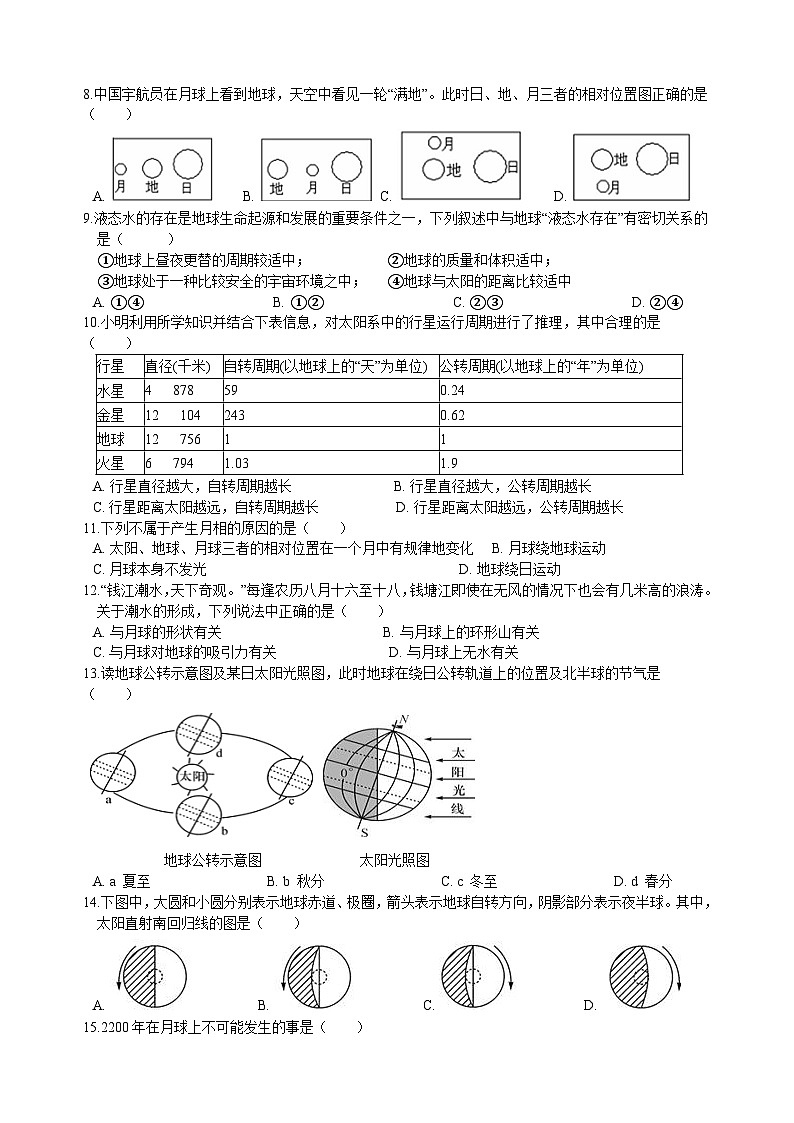 浙教版七年级科学第四章《地球与宇宙》复习课练习试卷02