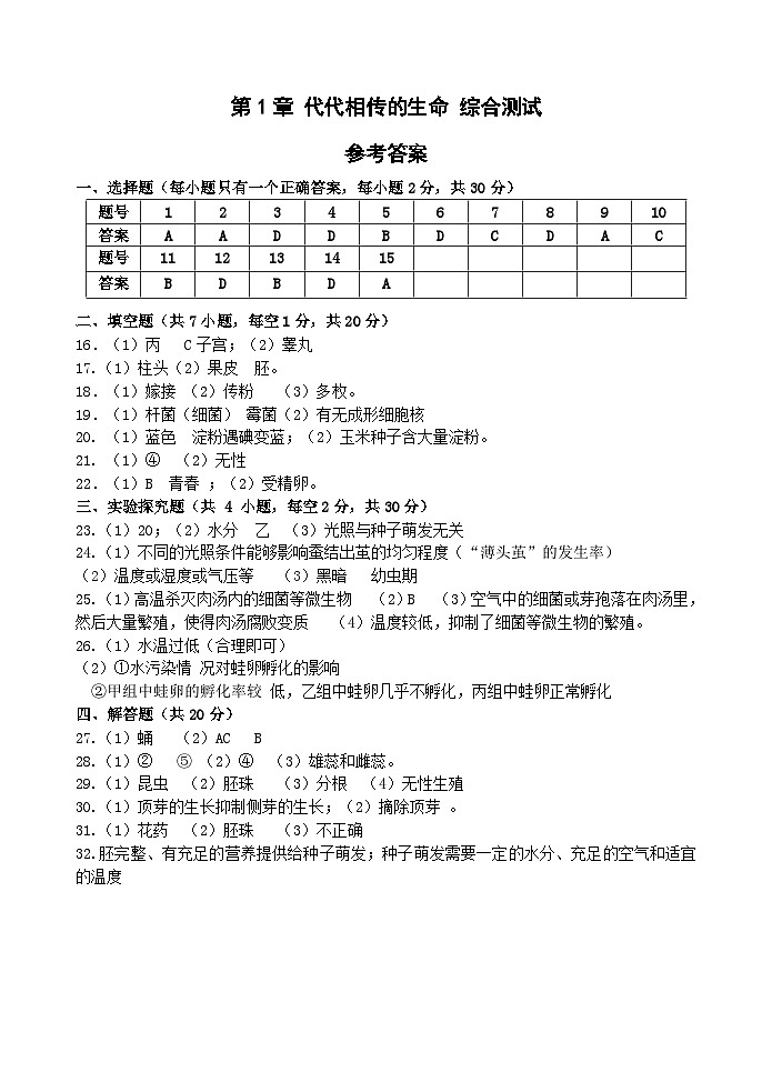 浙教版科学七年级下册1.0《代代相传的生命》综合测试 答案+答题卷01