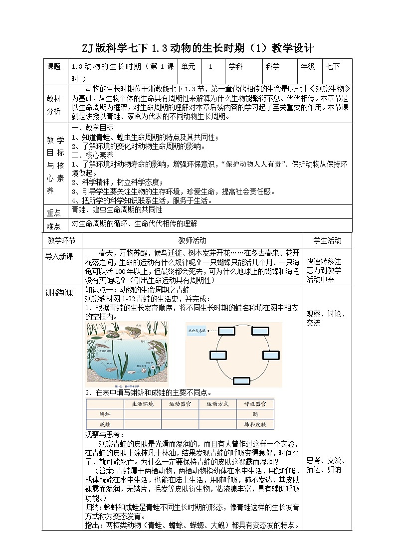 ZJ版科学七下1.3动物的生长时期（1）教学设计第1页
