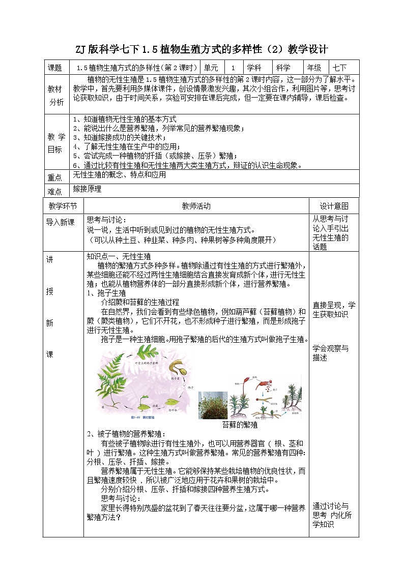 ZJ版科学七下1. 5植物生殖方式的多样性教学设计（2）第1页