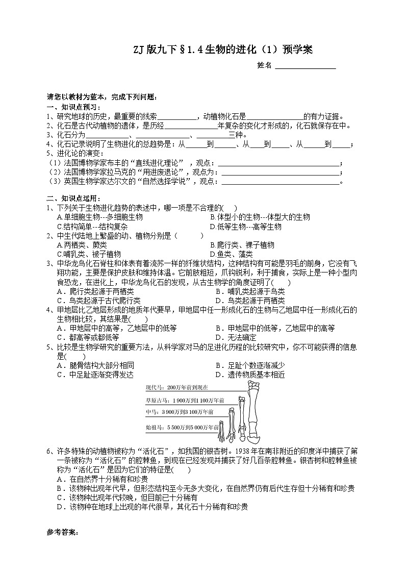 浙教版科学九年级下册1.4生物的进化（1）预学案01
