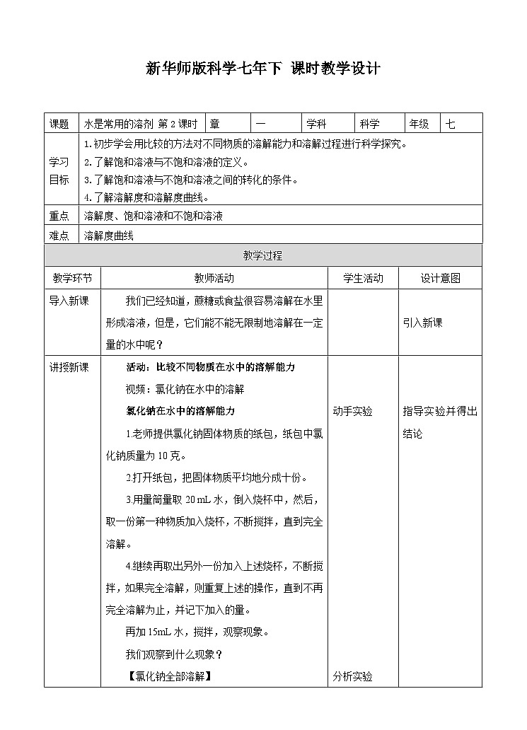 新华师七年级科学下册1.3水是常用的溶剂第2课时 （教案）01