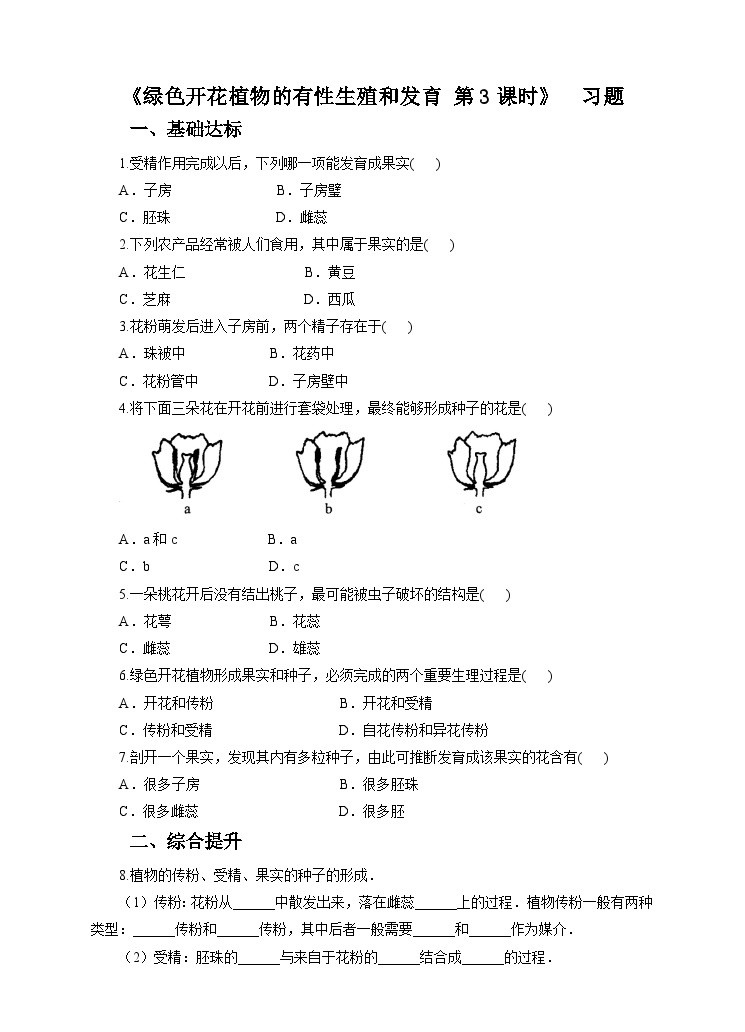 新华师七年级科学下册第七章第一节绿色开花植物的有性生殖和发育第三课时 （习题）01