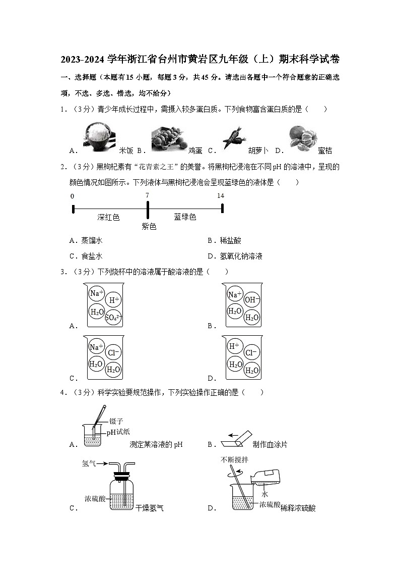 浙江省台州市黄岩区2023-2024学年九年级上学期期末科学试卷01