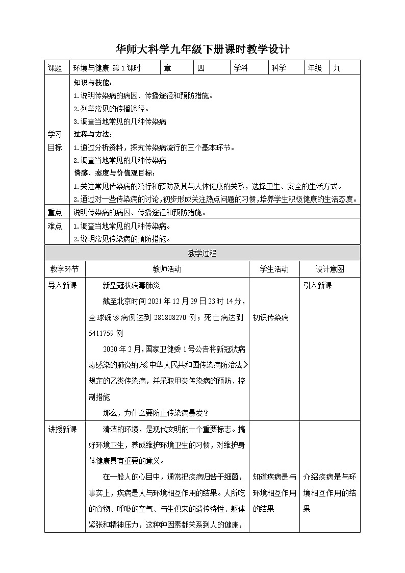 华师大九年级科学下册第4章第6节环境与健康 第1课时 教案01