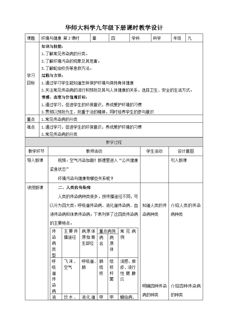 华师大九年级科学下册第4章第6节环境与健康 第2课时 教案01