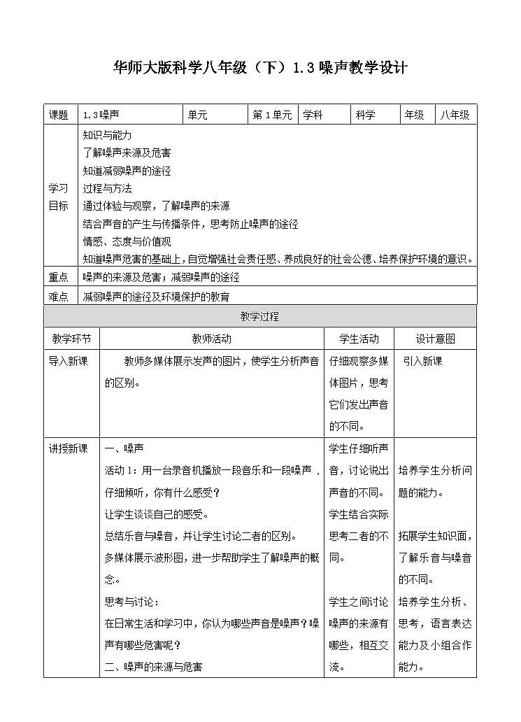 新华师八年级科学下册1.3噪声教案01
