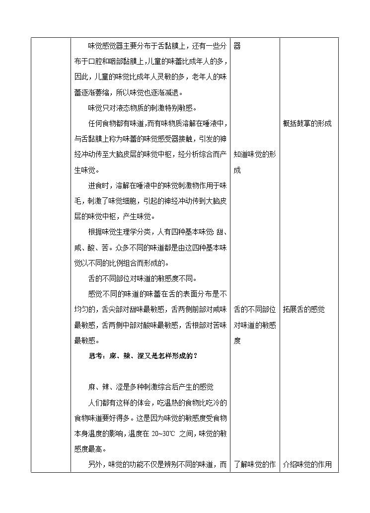新华师八年级科学下册第3章第4节味觉和嗅觉（教案）02