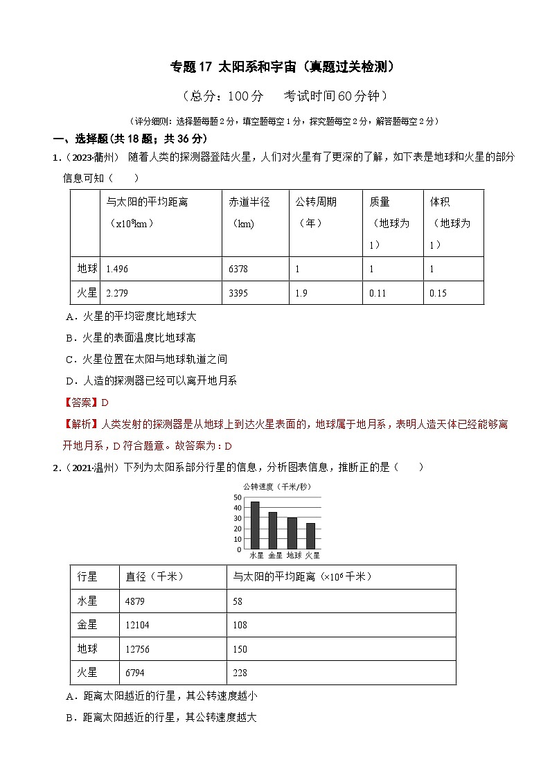 专题17 太阳系和宇宙（真题过关检测）-备考2024年中考科学一轮复习专题练习（浙江专用）01