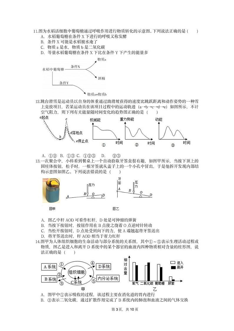 浙江省杭州市临平区信达外国语学校2023-2024学年九年级下学期第一次阶段性测试科学试题卷03