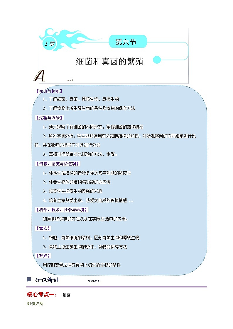 浙教版七下1.6 细菌和真菌的繁殖 学案（知识精讲+典型例题+巩固训练）01