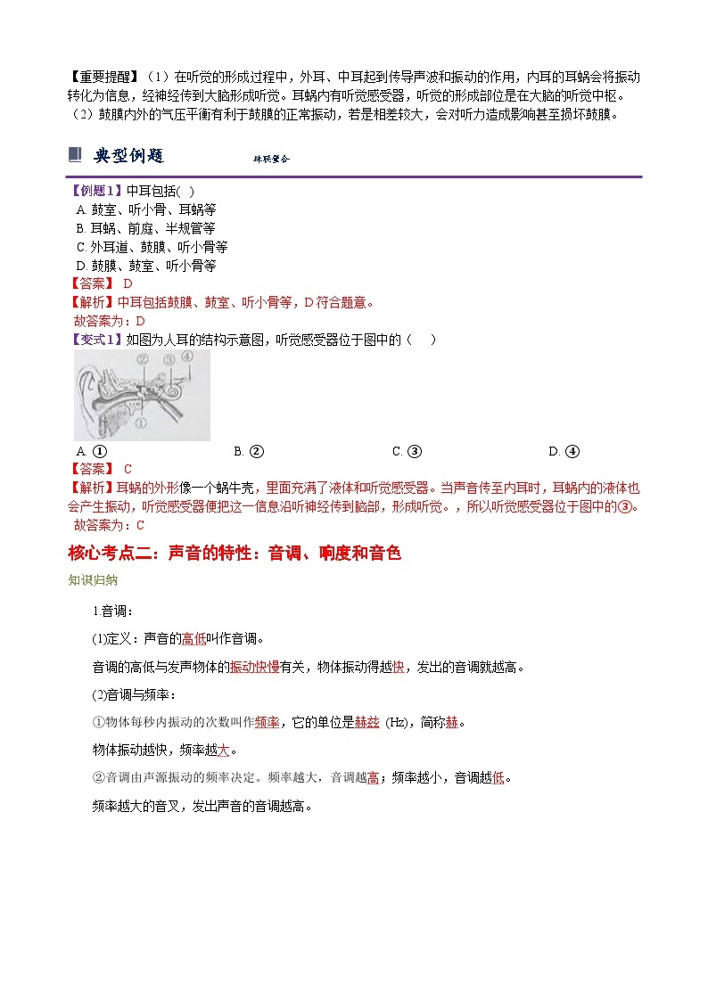 浙教版七下2.3 耳和听觉 学案（知识精讲+典型例题+巩固训练）03