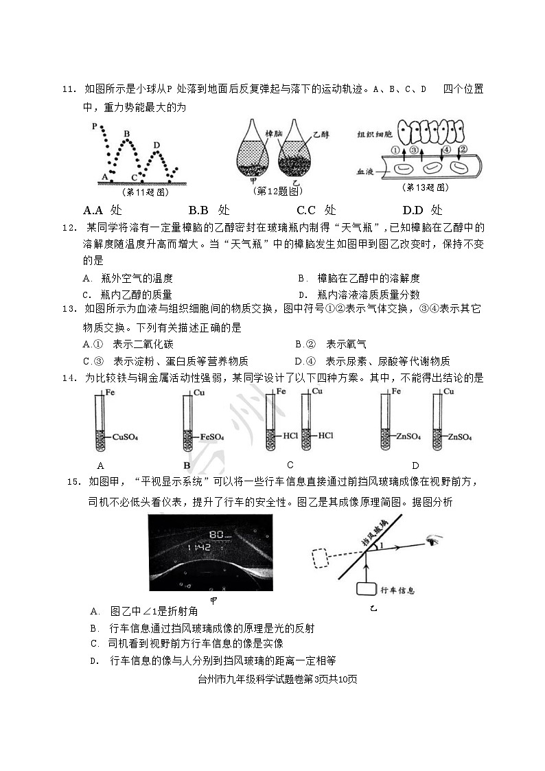 【科学】2024年台州市中考科学一模卷（含答案）_Word版第3页