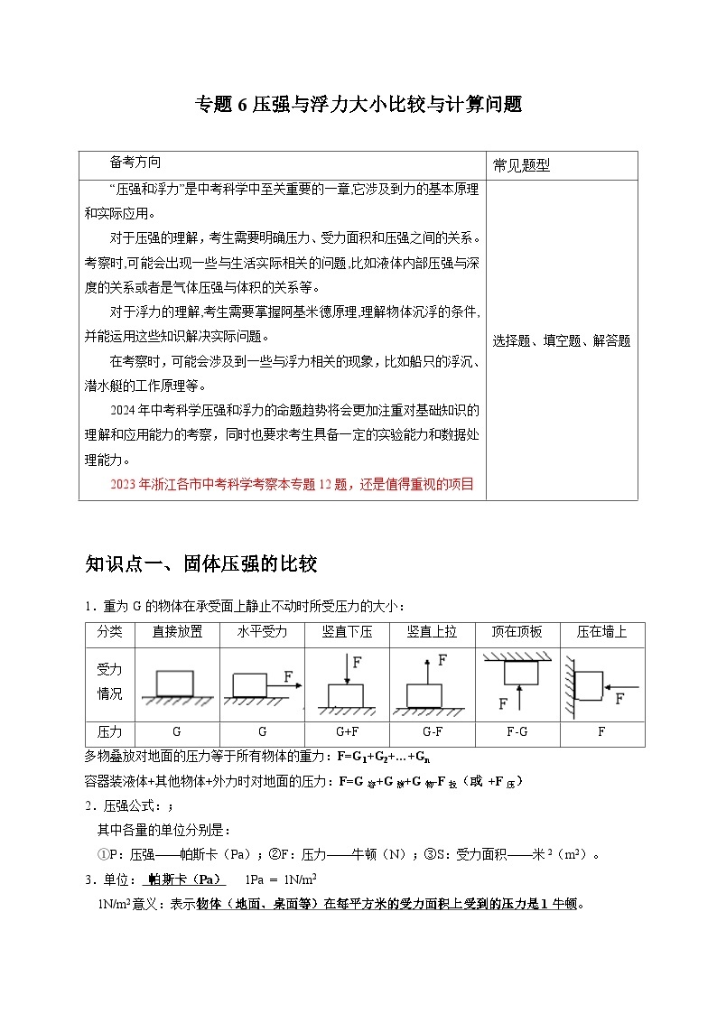 （浙江专用）2024年中考科学【热点·重点·难点】 专题6压强与浮力大小比较与计算问题+-专题训练.zip01