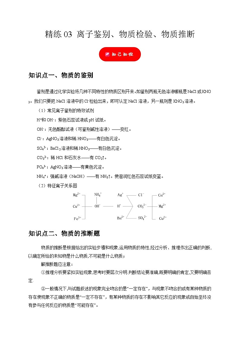 精练03 离子鉴别、物质检验、物质推断——浙江中考科学专项突破限时精练01