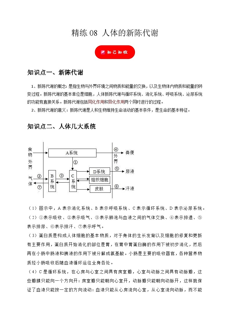精练08 人体的新陈代谢——浙江中考科学专项突破限时精练01