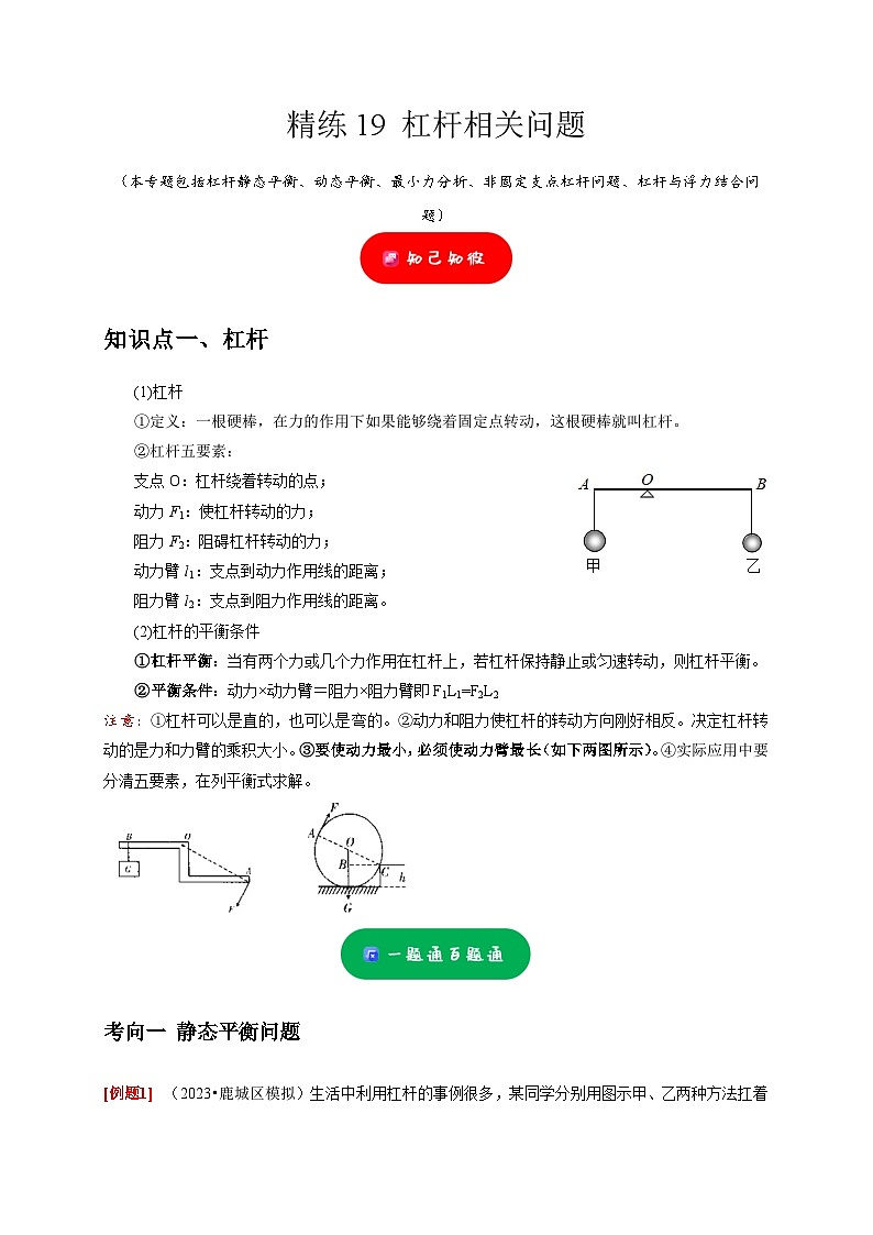 精练19 杠杆相关问题——浙江中考科学专项突破限时精练01
