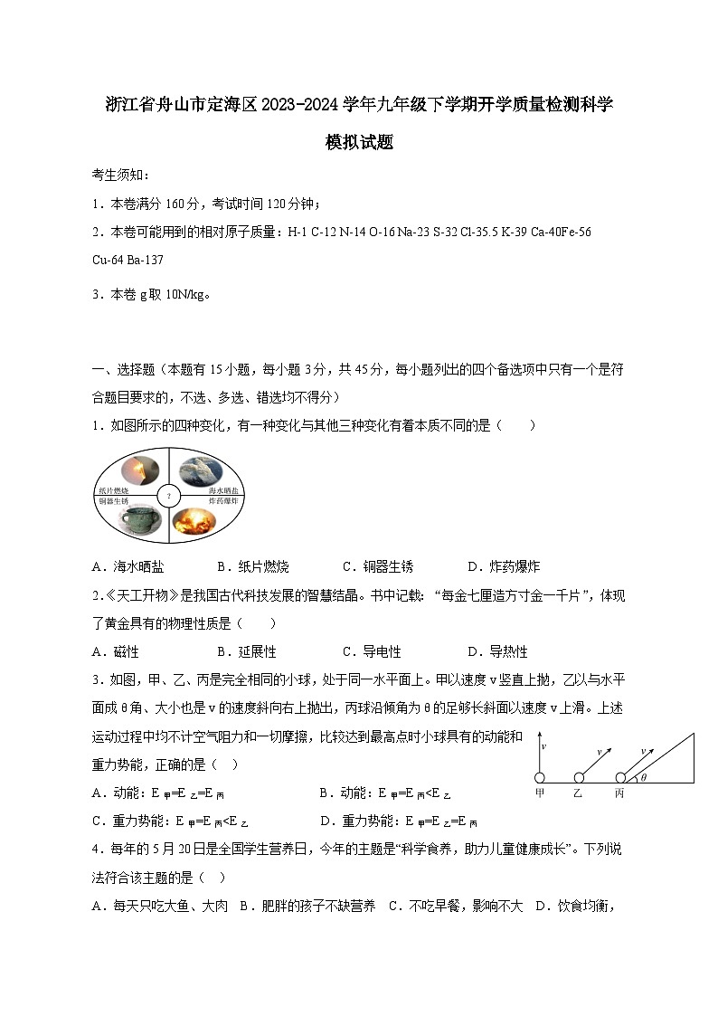 浙江省舟山市定海区2023-2024学年九年级下学期开学质量检测科学模拟试题（附答案）01