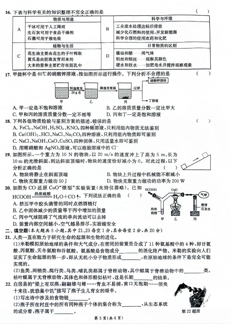 浙江省宁波市宁波外国语学校2023-2024学年九年级下学期一模科学试卷03