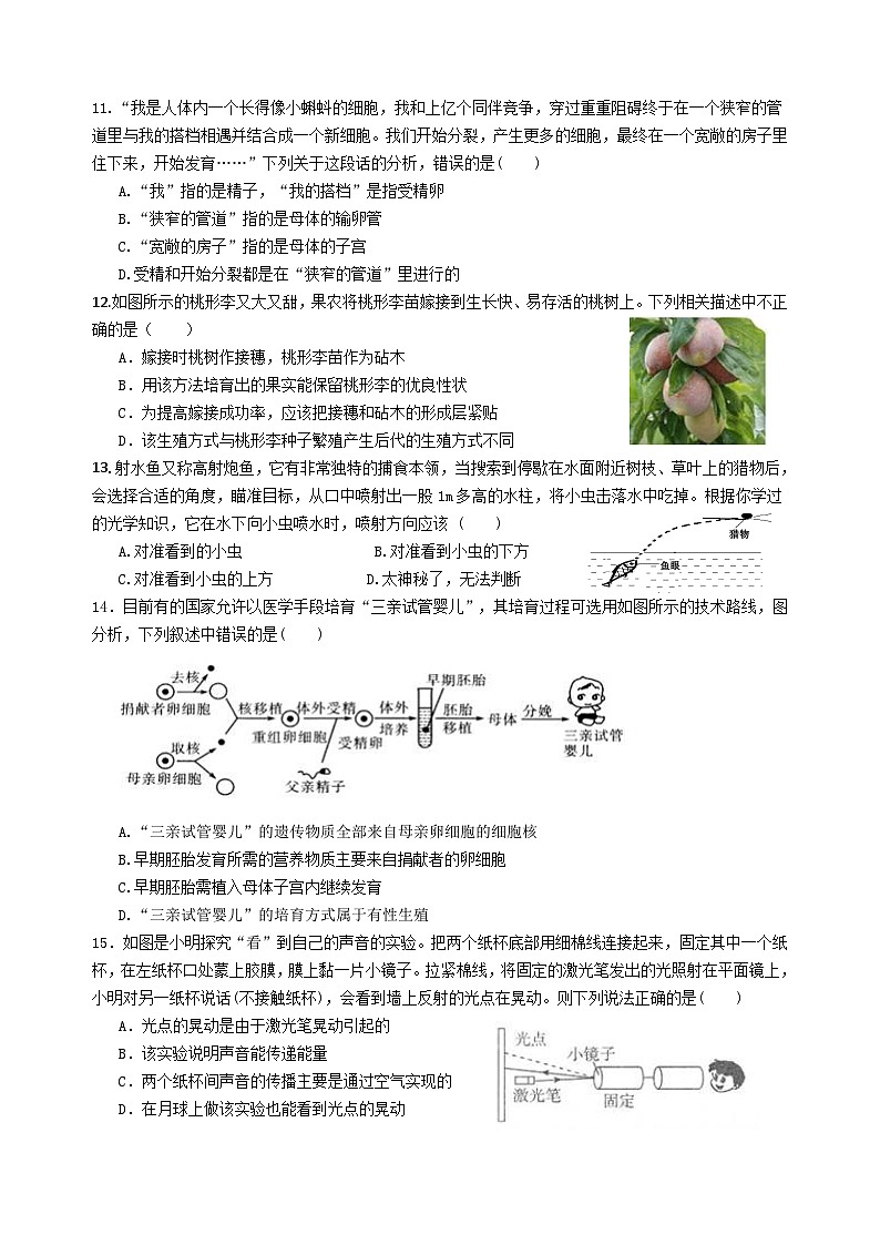 2024浙江省嘉兴市七年级下册科学期中考试试卷（含答案及答题卷）02