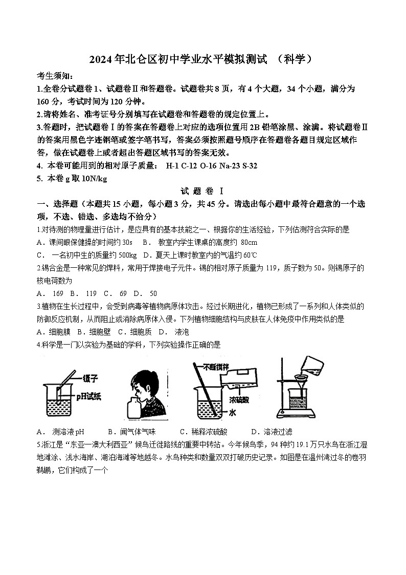 2024年浙江省宁波市北仑区中考一模科学试题01