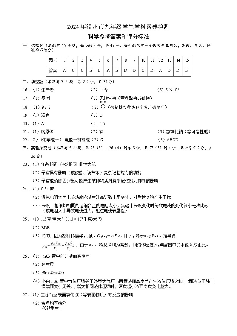 2024年浙江省温州市九年级中考一模 科学试题01