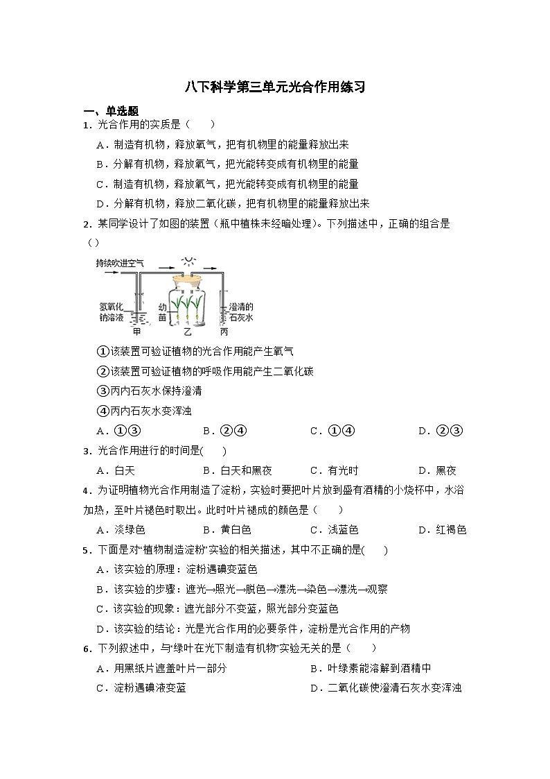 3.6光合作用练习 浙教版八年级下册科学第1页