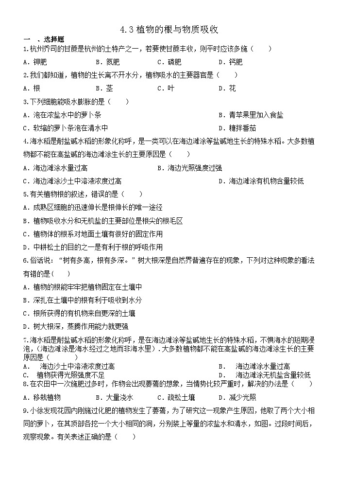 4.3植物的根与物质吸收练习   浙教版八年级下册科学01