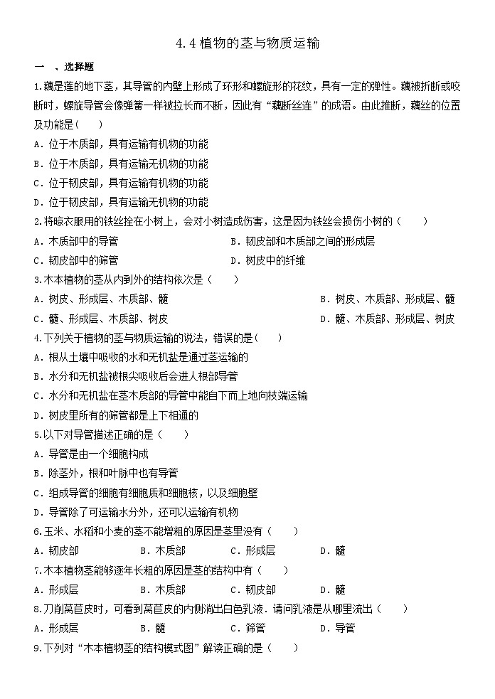 4.4植物的茎与物质运输 同步练习  浙教版八年级下册科学01