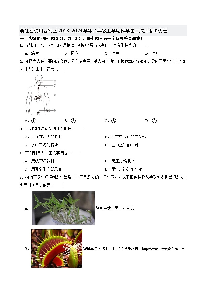 浙江省杭州西湖区2023-2024学年八年级上学期第二次月考提优科学卷01