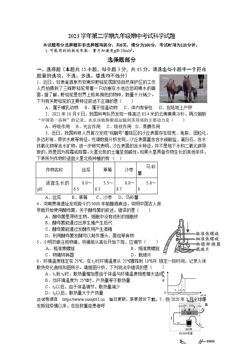 浙江省宁波市余姚市2023-2024学年九年级下学期六校联考科学试题01