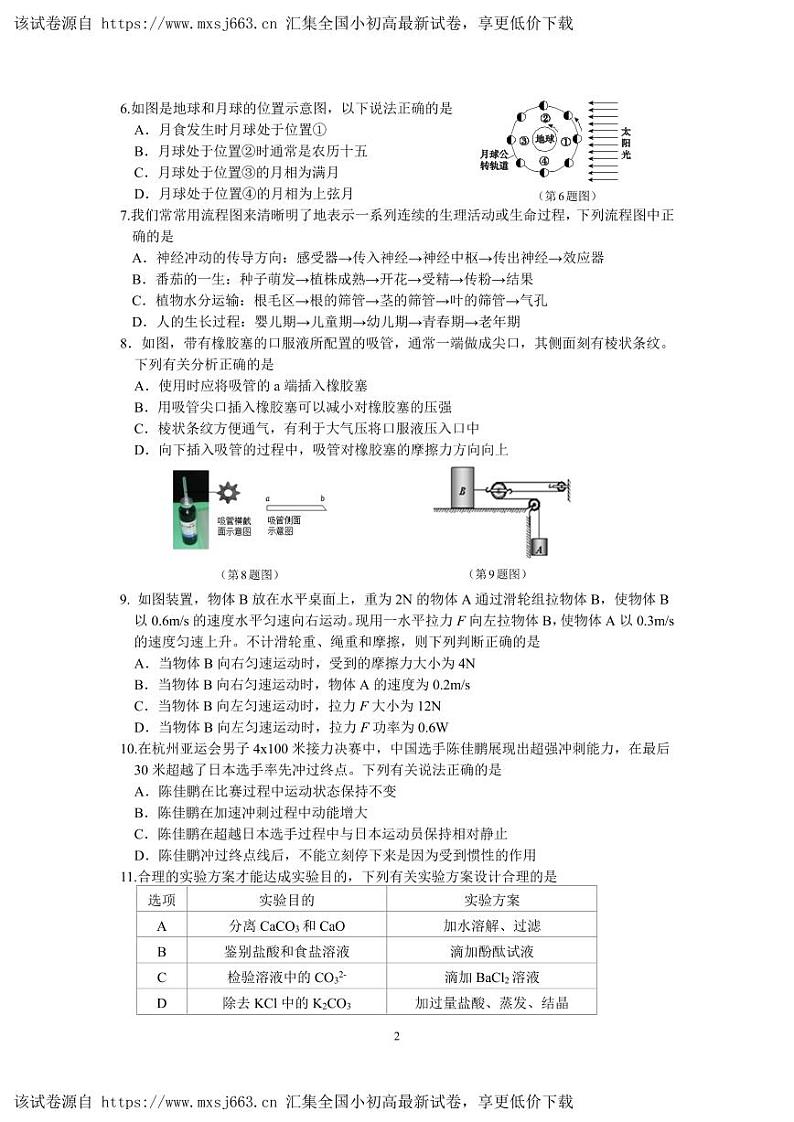 浙江省杭州市淳安县2023-2024学年九年级下学期期中检测科学试题02