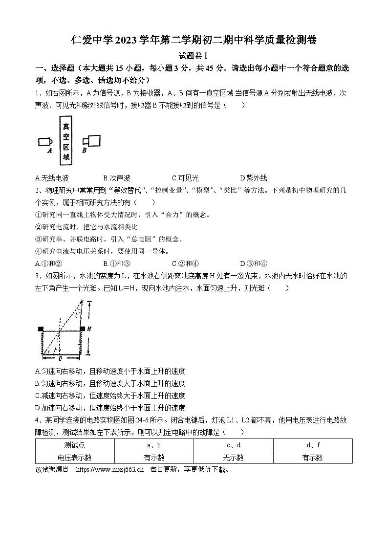 浙江省宁波市镇海区仁爱中学2023-2024学年八年级下学期期中考试科学试卷(无答案)01