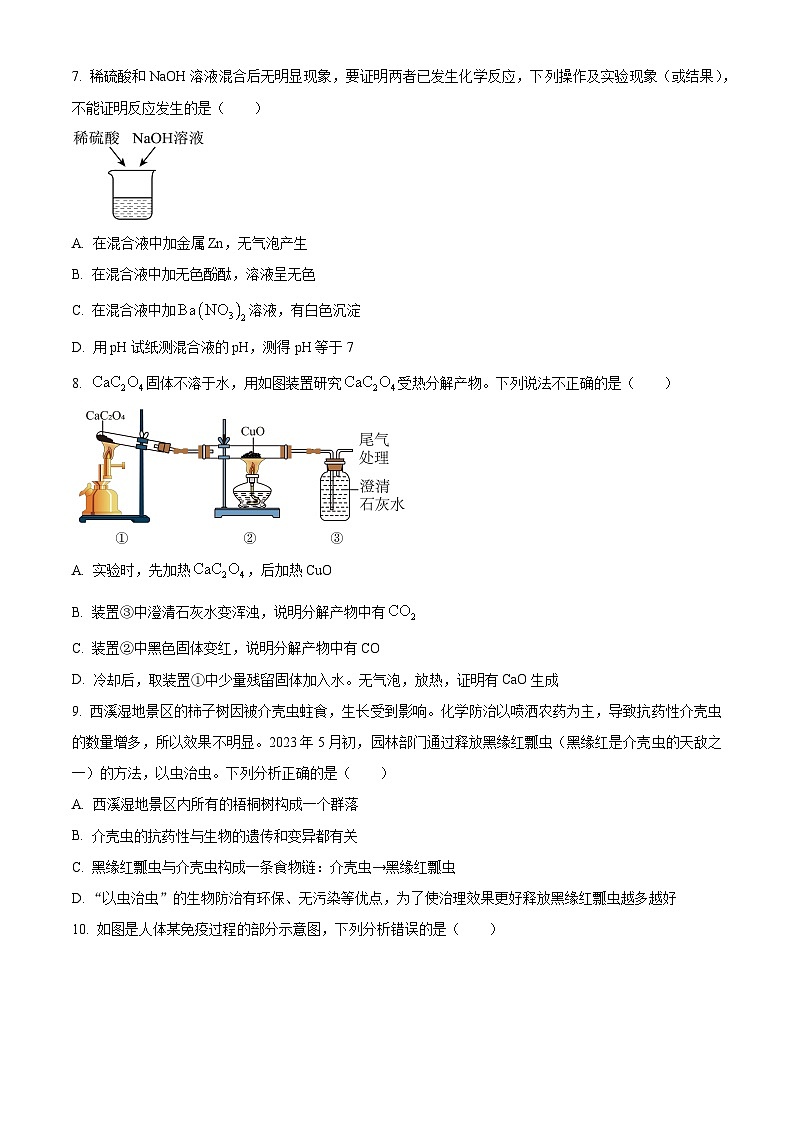 浙江省杭州市文澜中学2023-2024学年九年级下学期第六次月考科学试题（原卷版+解析版）03