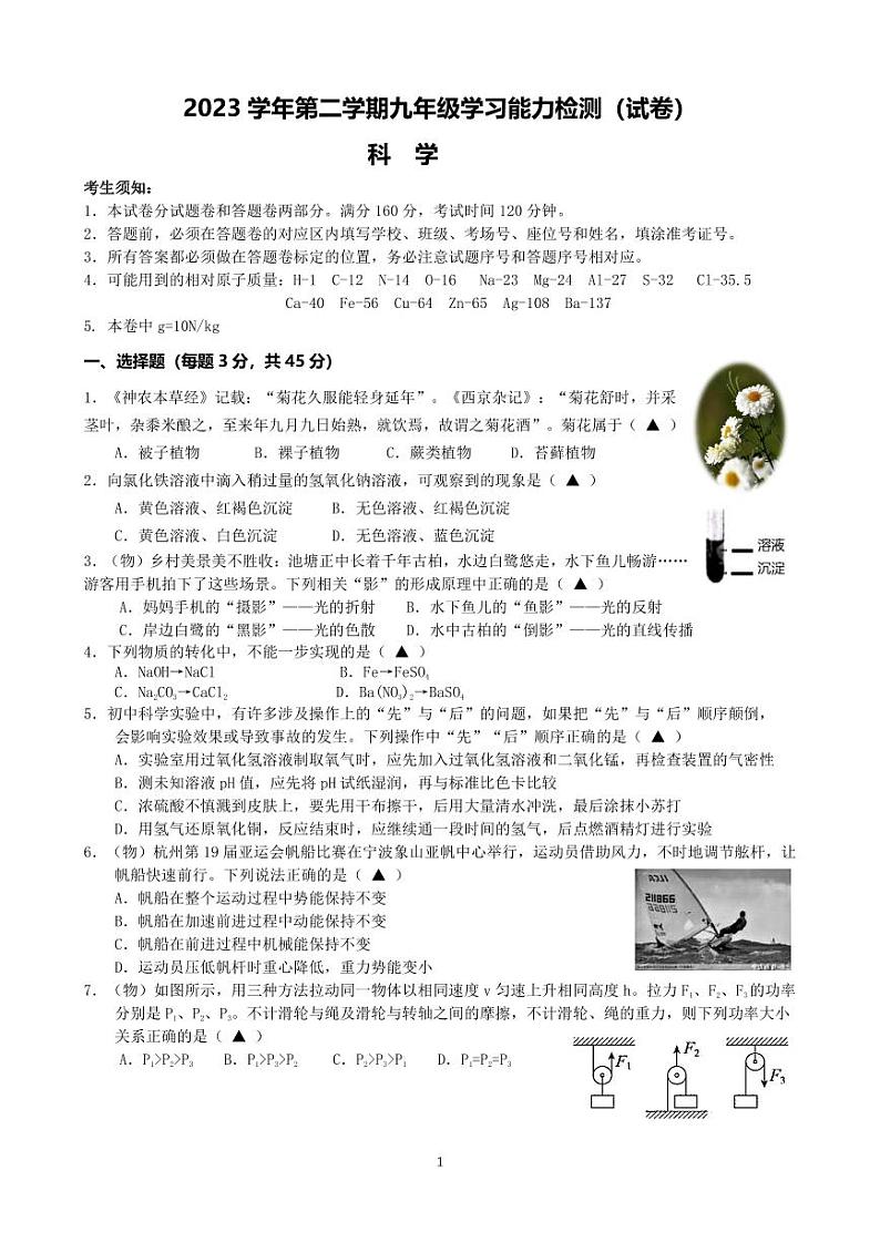 浙江省杭州市滨江区滨和中学2023-2024学年下学期中考模拟九年级科学试卷(1)01
